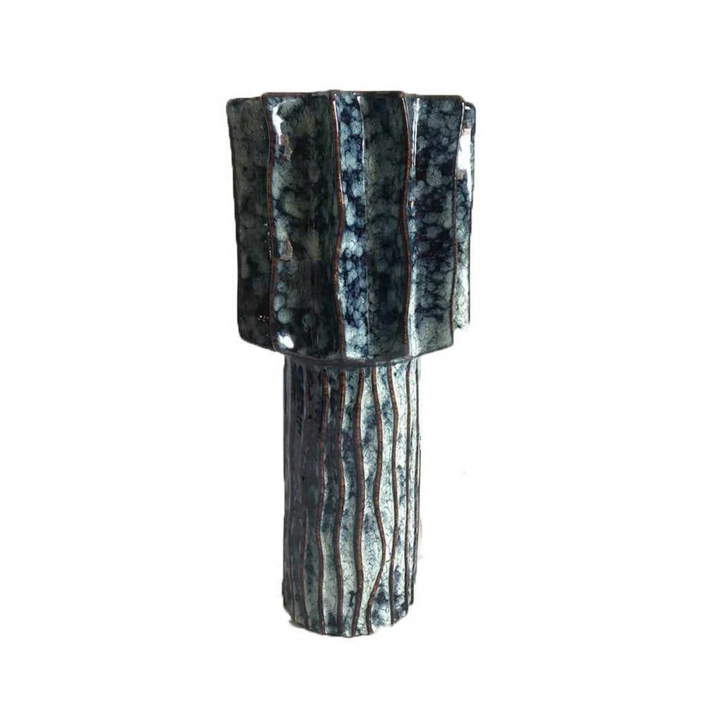 Asmi Decorative Vase, 2-Tier Design, Ribbed Brown and Gray Ceramic 14 Inch-BM353419
