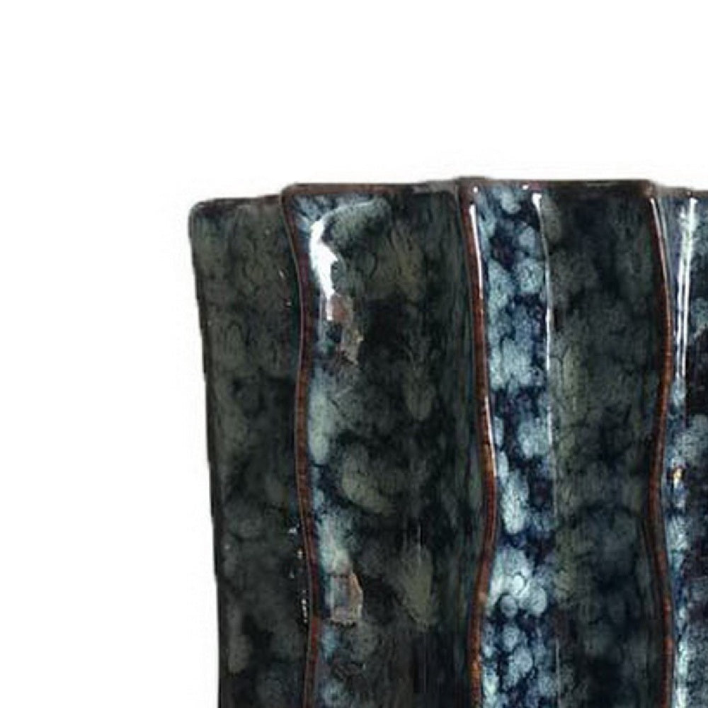 Asmi Decorative Vase, 2-Tier Design, Ribbed Brown and Gray Ceramic 14 Inch-BM353419