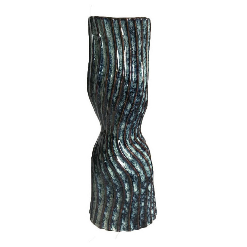 Decorative Vase, Fluted Hourglass Shape, Blue and Bronze Ceramic 16 Inch-BM353420