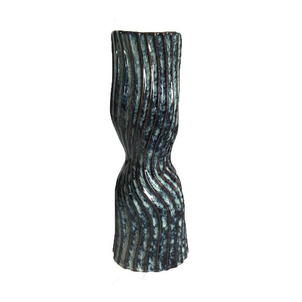 Decorative Vase, Fluted Hourglass Shape, Blue and Bronze Ceramic 16 Inch-BM353420