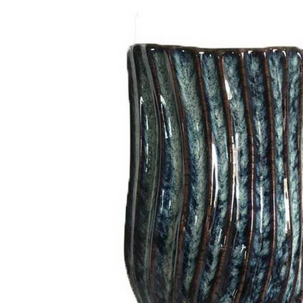 Decorative Vase, Fluted Hourglass Shape, Blue and Bronze Ceramic 16 Inch-BM353420