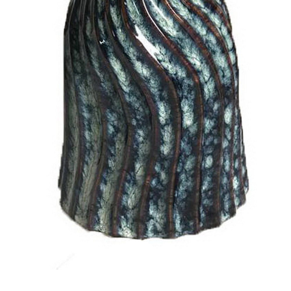 Decorative Vase, Fluted Hourglass Shape, Blue and Bronze Ceramic 16 Inch-BM353420
