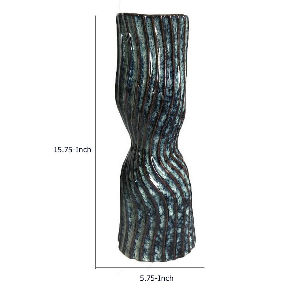 Decorative Vase, Fluted Hourglass Shape, Blue and Bronze Ceramic 16 Inch-BM353420