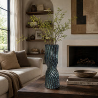 Decorative Vase, Fluted Hourglass Shape, Blue and Bronze Ceramic 16 Inch-BM353420