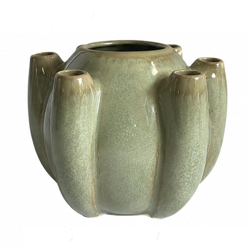 Tulipiere Vase, Crackled Texture, Sage Green and Brown Ceramic 9 Inch-BM353421