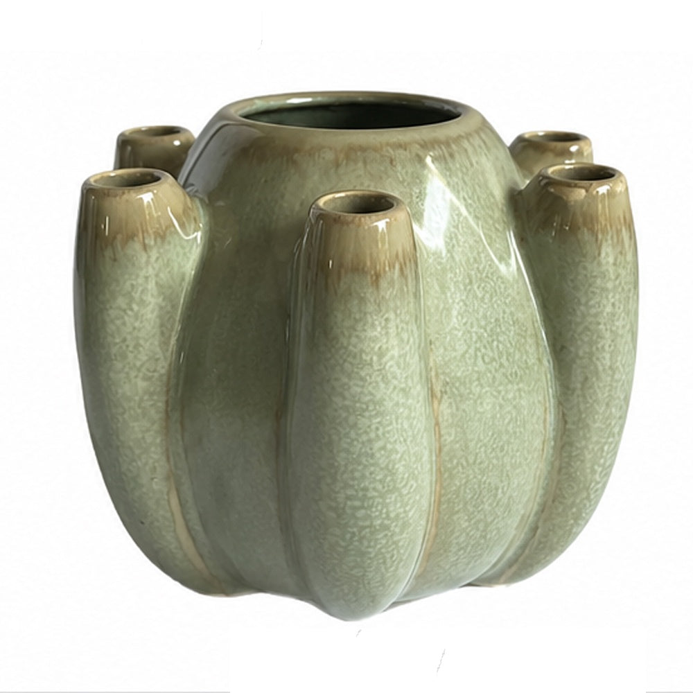 Tulipiere Vase, Crackled Texture, Sage Green and Brown Ceramic 9 Inch-BM353421