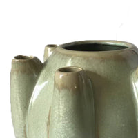 Tulipiere Vase, Crackled Texture, Sage Green and Brown Ceramic 9 Inch-BM353421