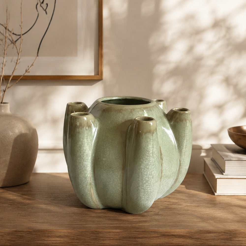 Tulipiere Vase, Crackled Texture, Sage Green and Brown Ceramic 9 Inch-BM353421