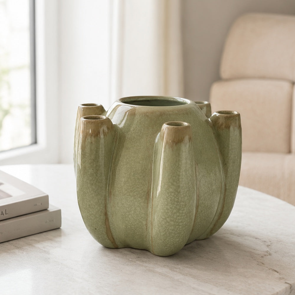 Tulipiere Vase, Crackled Texture, Sage Green and Brown Ceramic 9 Inch-BM353421