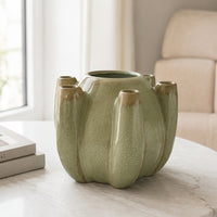 Tulipiere Vase, Crackled Texture, Sage Green and Brown Ceramic 9 Inch-BM353421