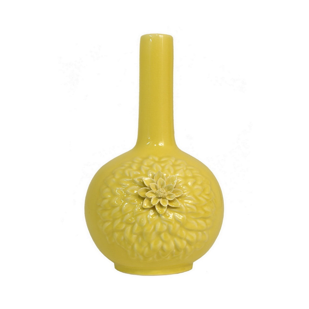 Decorative Vase, 3D Dahlia Applique, Relief Petals, Yellow Ceramic 13 Inch-BM353422