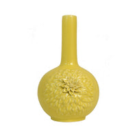 Decorative Vase, 3D Dahlia Applique, Relief Petals, Yellow Ceramic 13 Inch-BM353422