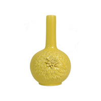 Decorative Vase, 3D Dahlia Applique, Relief Petals, Yellow Ceramic 13 Inch-BM353422