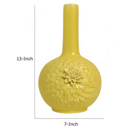 Decorative Vase, 3D Dahlia Applique, Relief Petals, Yellow Ceramic 13 Inch-BM353422