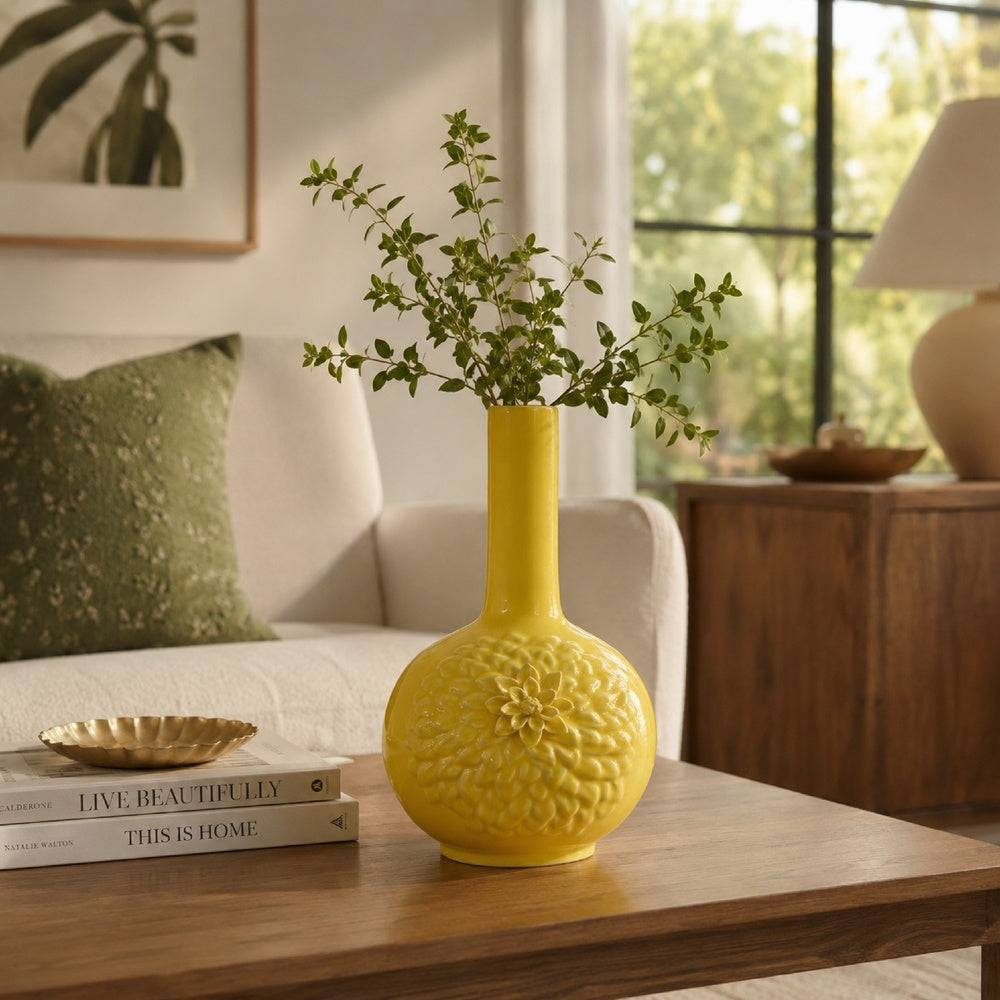 Decorative Vase, 3D Dahlia Applique, Relief Petals, Yellow Ceramic 13 Inch-BM353422