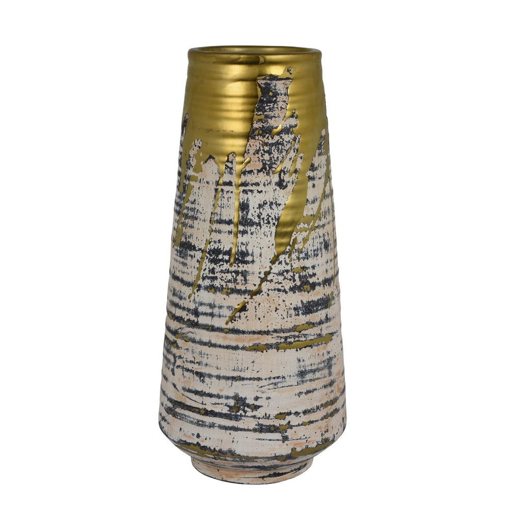 Gold Drip Vase, Ribbed Texture, Distress Gray and White Ceramic 14 Inch-BM353423