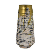 Gold Drip Vase, Ribbed Texture, Distress Gray and White Ceramic 14 Inch-BM353423