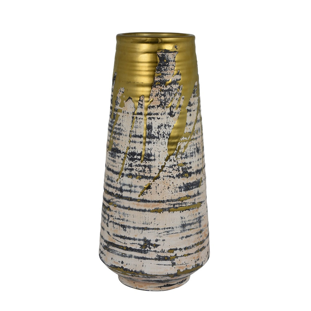 Gold Drip Vase, Ribbed Texture, Distress Gray and White Ceramic 14 Inch-BM353423