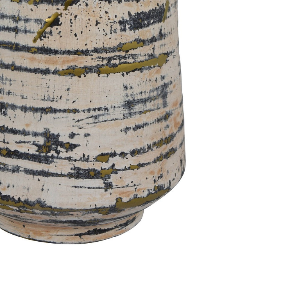 Gold Drip Vase, Ribbed Texture, Distress Gray and White Ceramic 14 Inch-BM353423