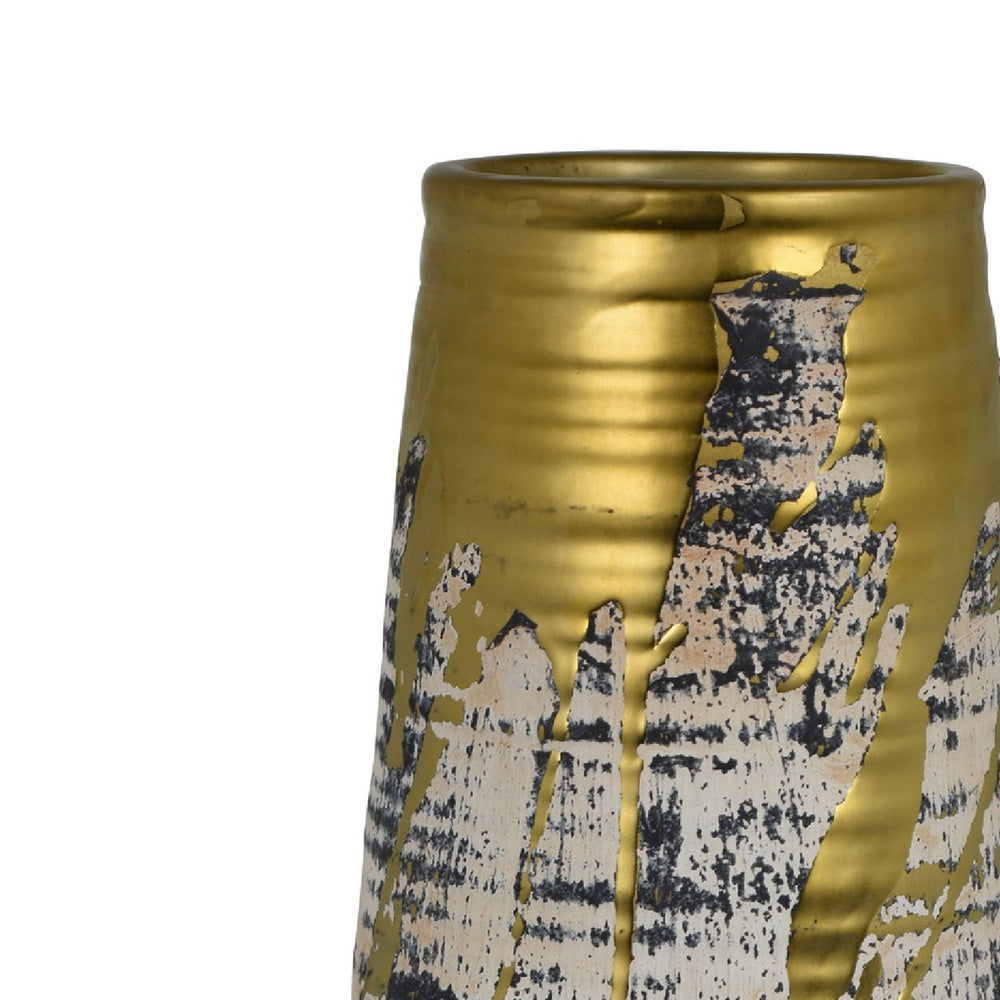 Gold Drip Vase, Ribbed Texture, Distress Gray and White Ceramic 14 Inch-BM353423