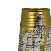 Gold Drip Vase, Ribbed Texture, Distress Gray and White Ceramic 14 Inch-BM353423
