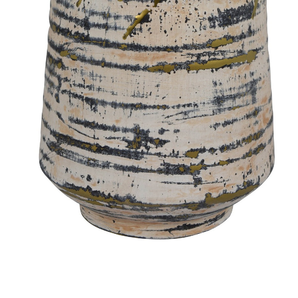 Gold Drip Vase, Ribbed Texture, Distress Gray and White Ceramic 14 Inch-BM353423