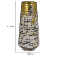 Gold Drip Vase, Ribbed Texture, Distress Gray and White Ceramic 14 Inch-BM353423