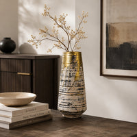 Gold Drip Vase, Ribbed Texture, Distress Gray and White Ceramic 14 Inch-BM353423