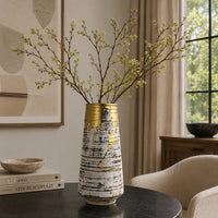 Gold Drip Vase, Ribbed Texture, Distress Gray and White Ceramic 14 Inch-BM353423