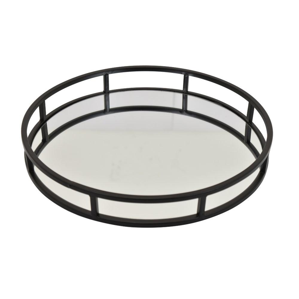Shaya Round Tray, Gallery Frame w Rails, Glass, Black Metal 15 Inch-BM353425