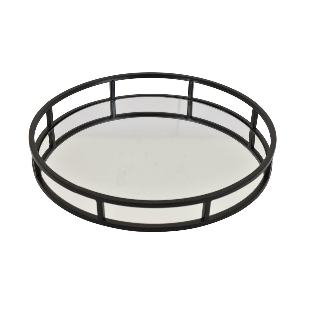 Shaya Round Tray, Gallery Frame w Rails, Glass, Black Metal 15 Inch-BM353425