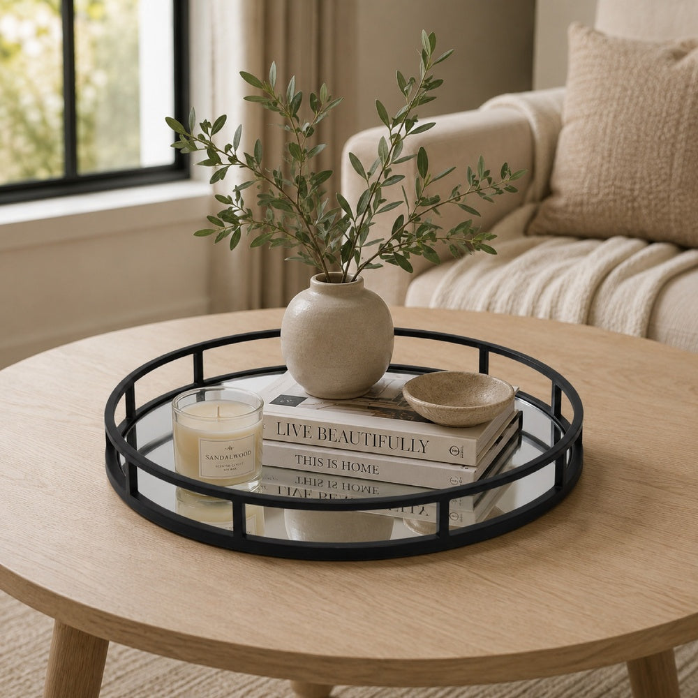 Shaya Round Tray, Gallery Frame w Rails, Glass, Black Metal 15 Inch-BM353425