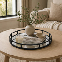Shaya Round Tray, Gallery Frame w Rails, Glass, Black Metal 15 Inch-BM353425