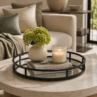 Shaya Round Tray, Gallery Frame w Rails, Glass, Black Metal 15 Inch-BM353425