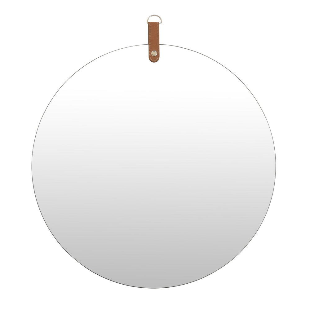 Decorative Wall Mirror, 20 Inch Round Frameless, Brown Faux Leather Strap-BM353426