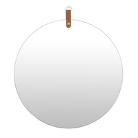 Decorative Wall Mirror, 20 Inch Round Frameless, Brown Faux Leather Strap-BM353426
