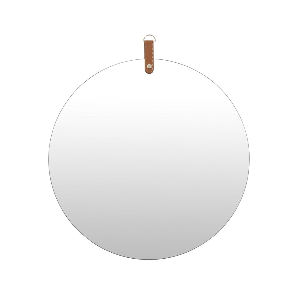 Decorative Wall Mirror, 20 Inch Round Frameless, Brown Faux Leather Strap-BM353426
