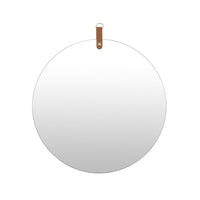 Decorative Wall Mirror, 20 Inch Round Frameless, Brown Faux Leather Strap-BM353426