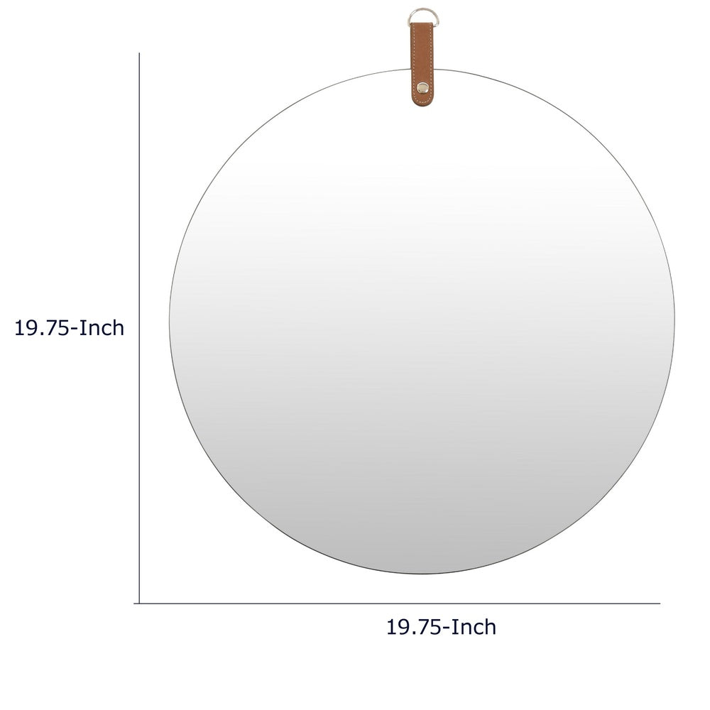 Decorative Wall Mirror, 20 Inch Round Frameless, Brown Faux Leather Strap-BM353426