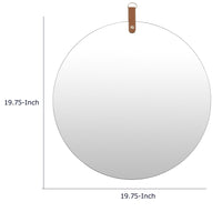 Decorative Wall Mirror, 20 Inch Round Frameless, Brown Faux Leather Strap-BM353426