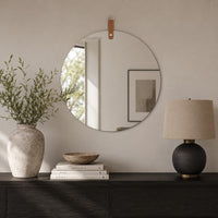 Decorative Wall Mirror, 20 Inch Round Frameless, Brown Faux Leather Strap-BM353426