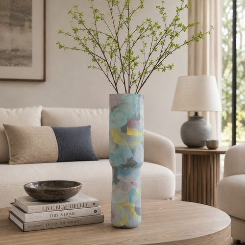 Riya Decorative Vase, Abstract Watercolor Art, Blue Ceramic 21 Inch-BM353428