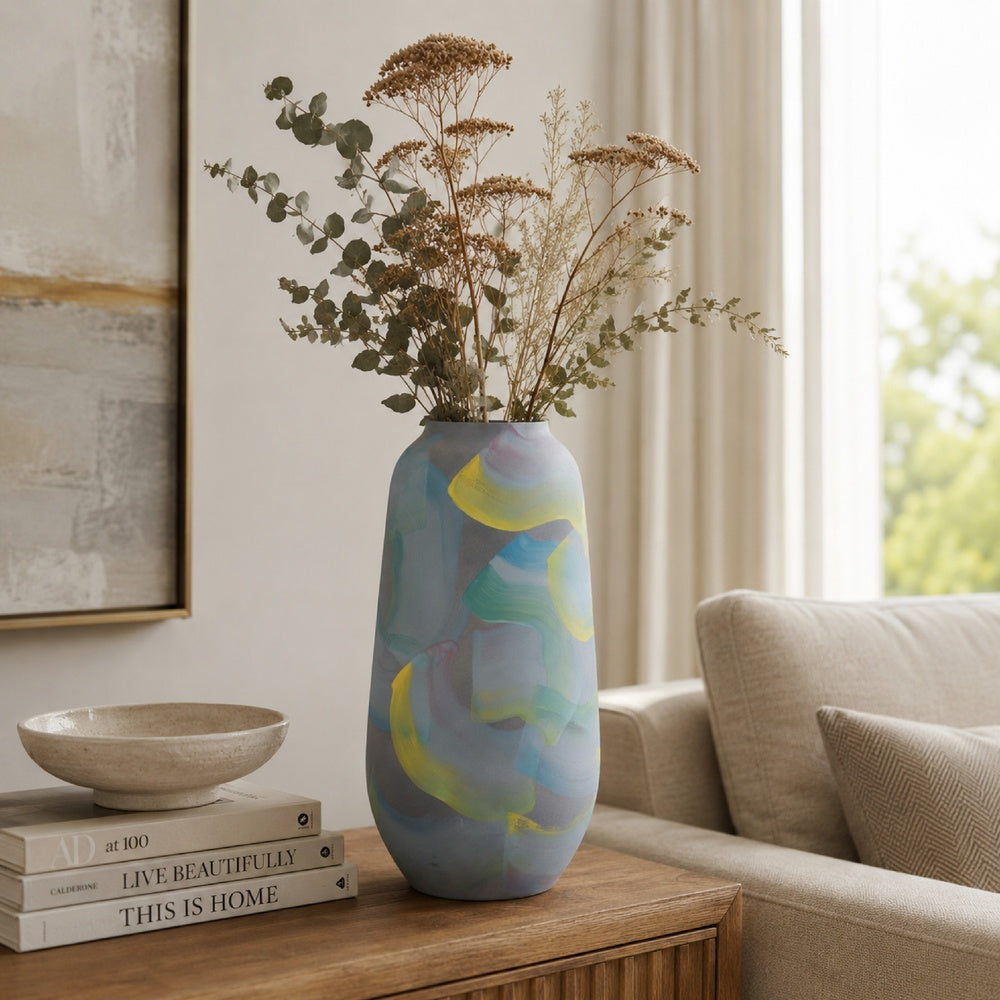 Riya Decorative Vase, Abstract Watercolor Art, Blue Ceramic 14 Inch-BM353429