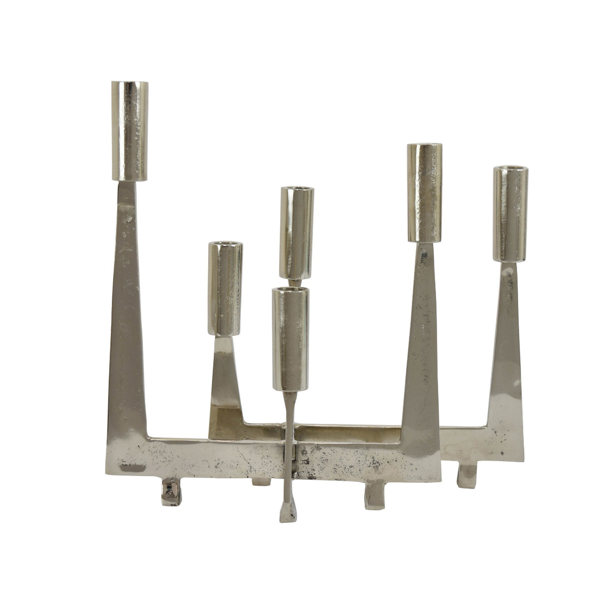 5 Arm Candle Holder, Asymmetrical Geometric Style, Silver Metal 16 Inch  - BM353430