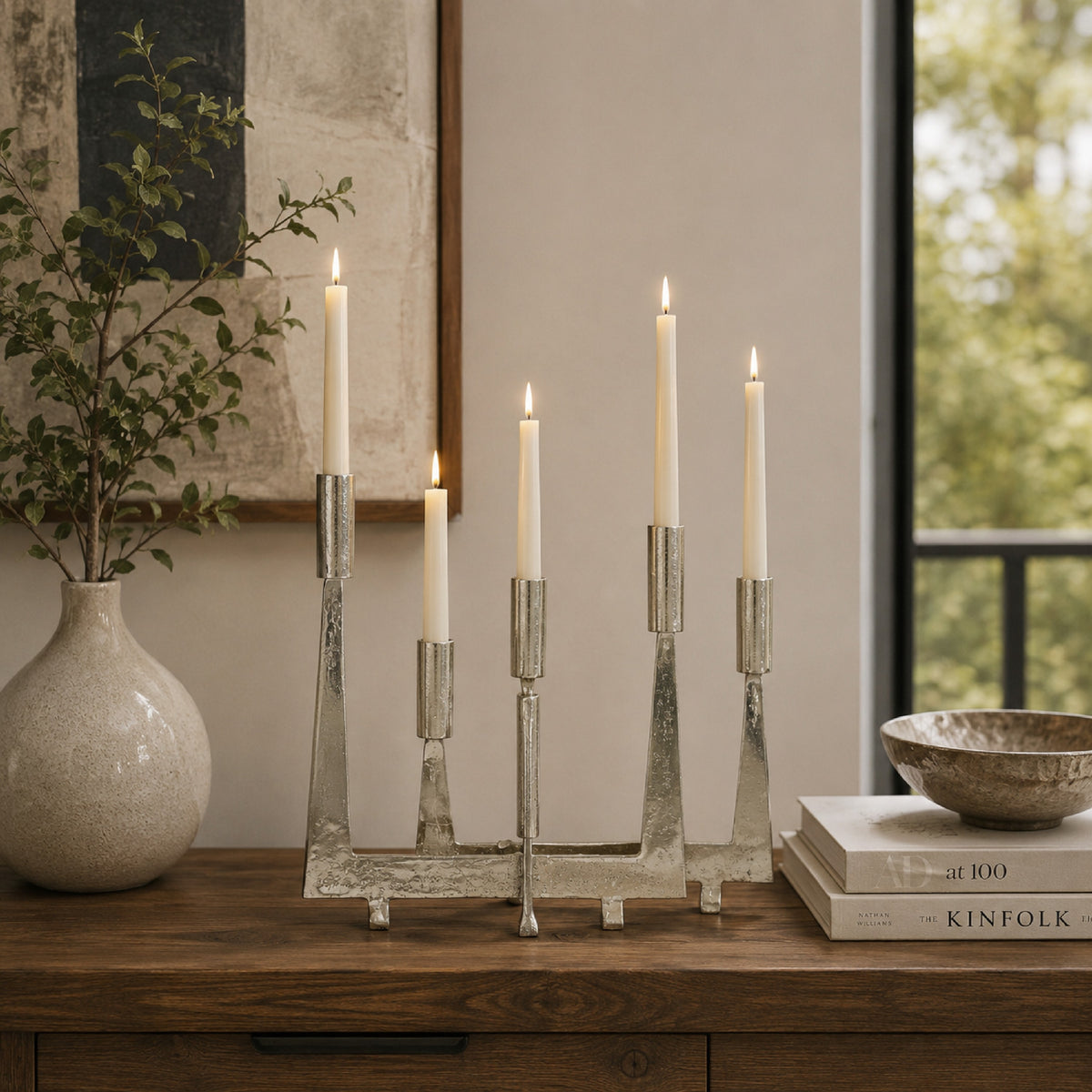 5 Arm Candle Holder, Asymmetrical Geometric Style, Silver Metal 16 Inch  - BM353430