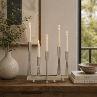 5 Arm Candle Holder, Asymmetrical Geometric Style, Silver Metal 16 Inch  - BM353430