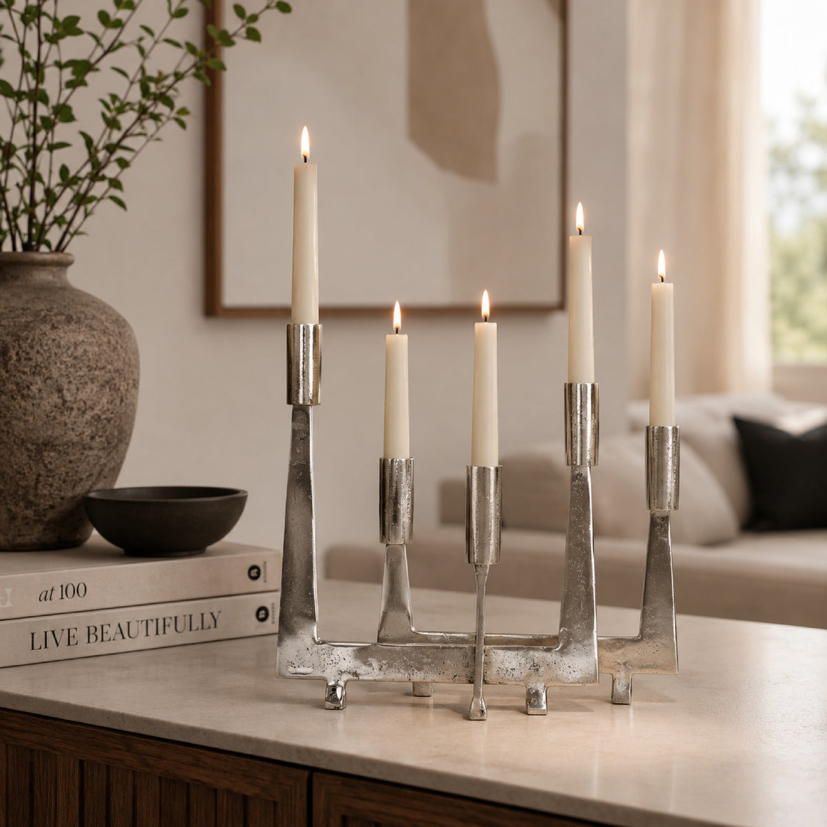 5 Arm Candle Holder, Asymmetrical Geometric Style, Silver Metal 16 Inch  - BM353430