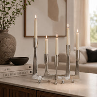5 Arm Candle Holder, Asymmetrical Geometric Style, Silver Metal 16 Inch  - BM353430