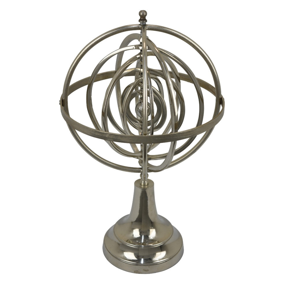 Tabletop Decor, Armillary Sphere w Globe, Polished Silver Metal 15 Inch-BM353431