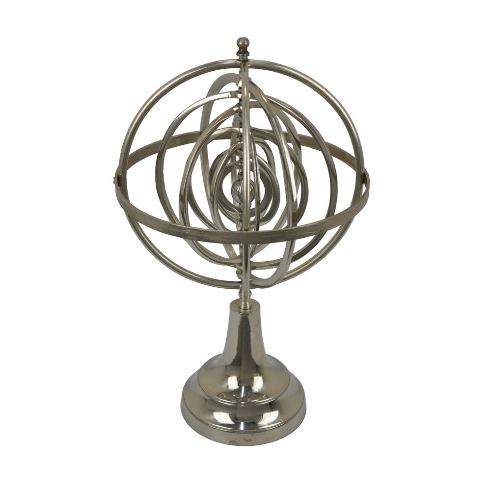 Tabletop Decor, Armillary Sphere w Globe, Polished Silver Metal 15 Inch-BM353431